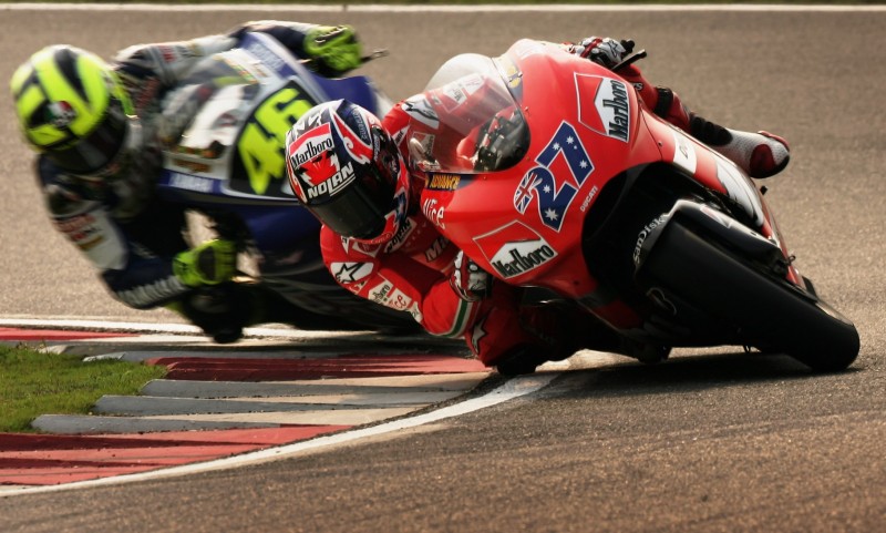 SHANGHAI, CHINA - MAY 06: Casey Stoner of Australia and the Ducati Marlboro leads Valentino Rossi of Italy and the Fiat Yamaha team during the Motorcycle Grand Prix of China at the Shanghai International Circuit May 6, 2007 in Shanghai, China. (Photo by Adam Pretty/Getty Images)